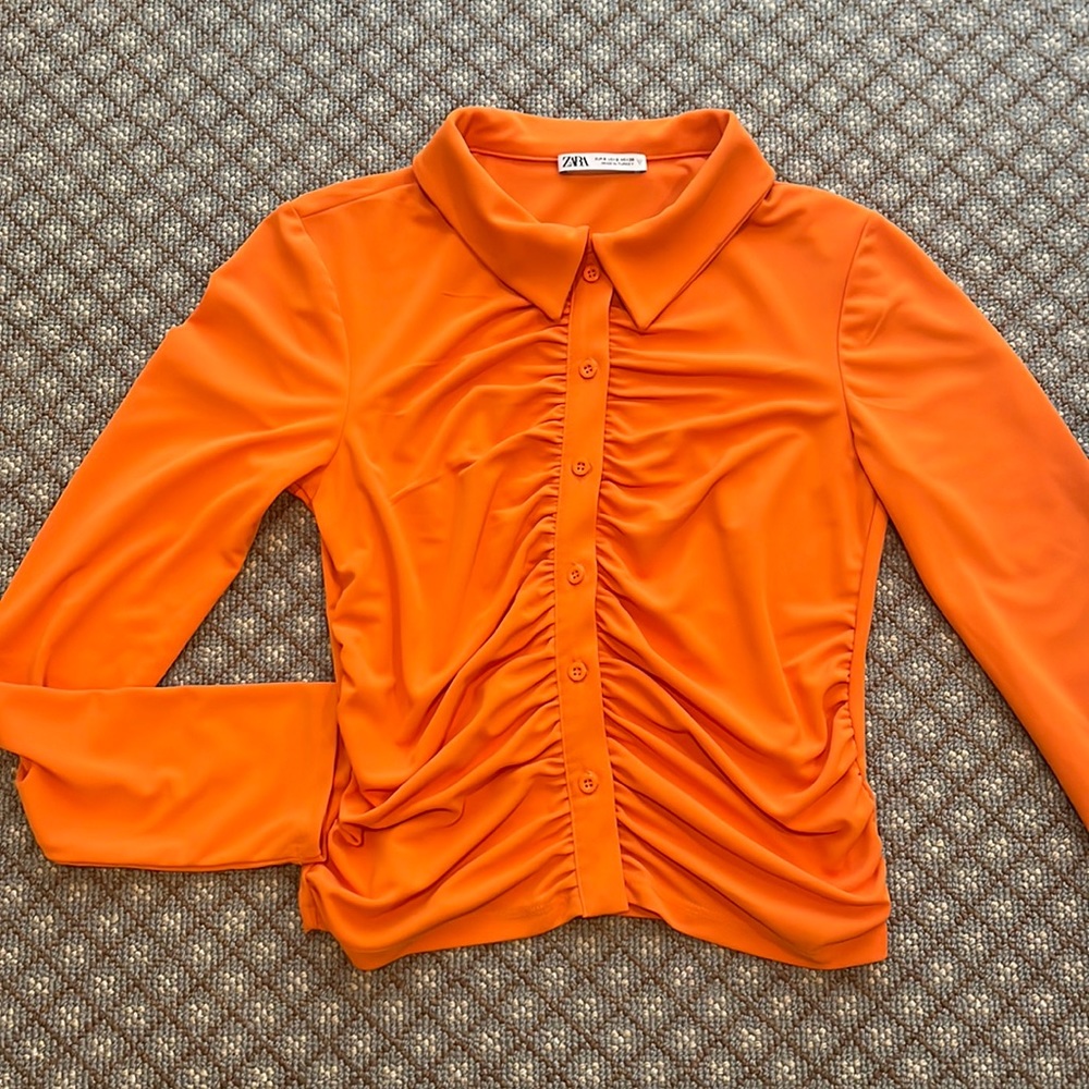 Zara bright orange scrunched button-up